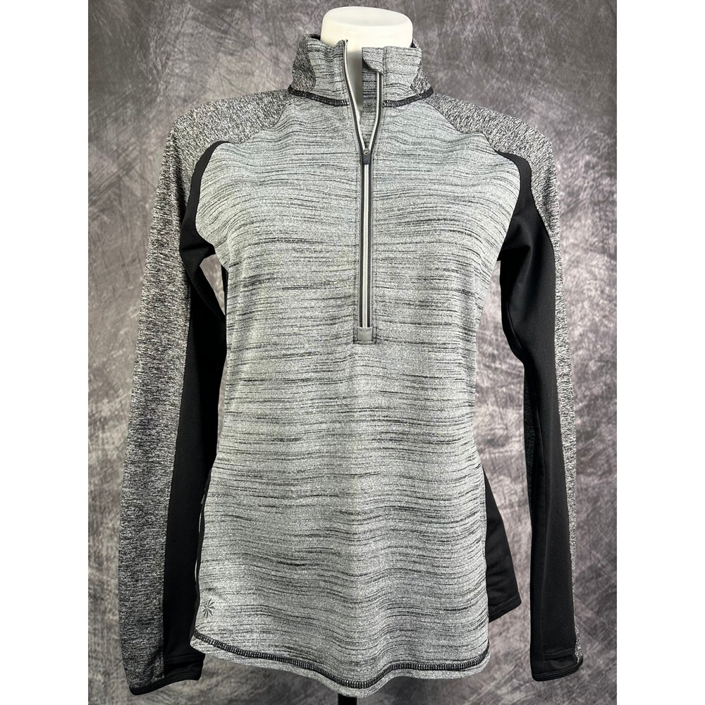 Athleta Running Wild Pullover Women Medium Gray Black 1/4 Zip Space Dye Active